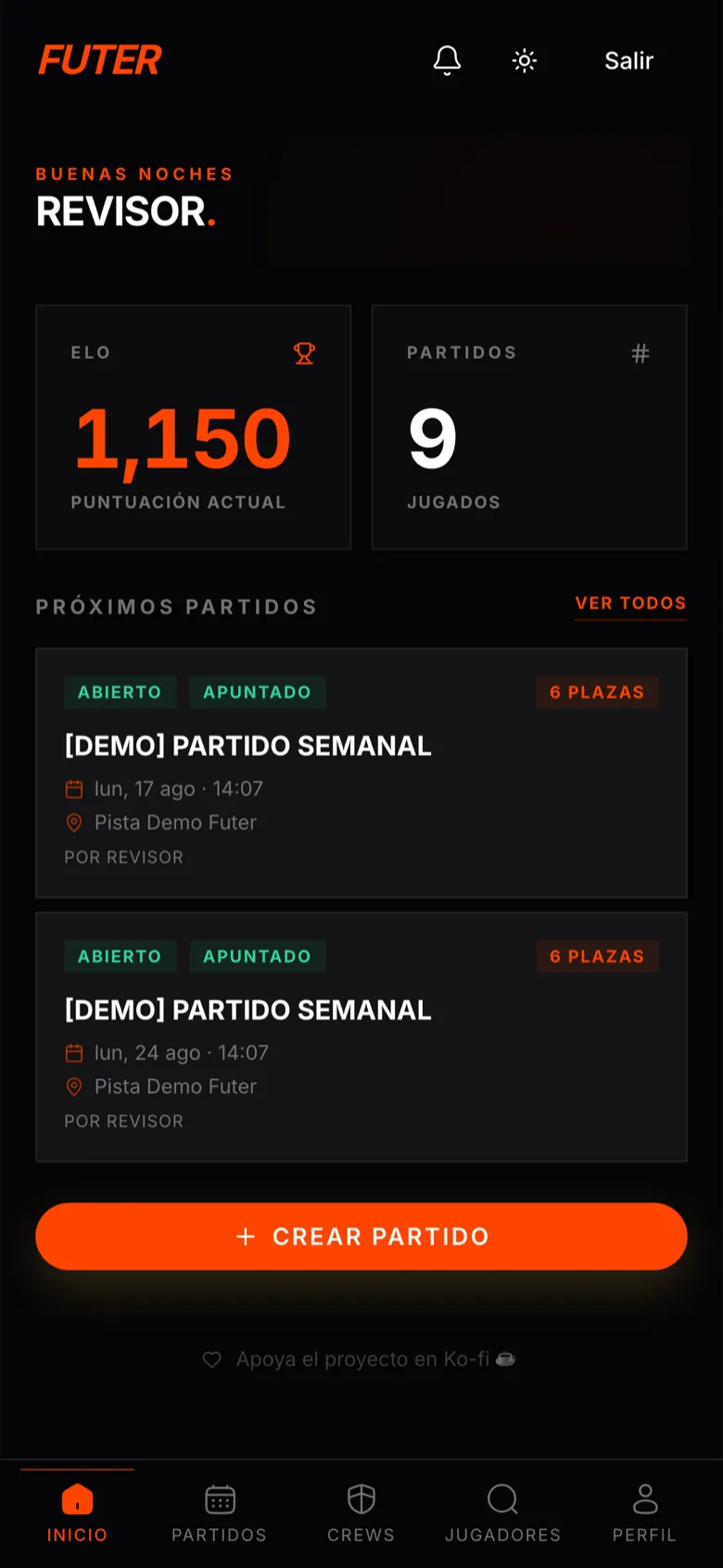 The futer app dashboard: current ELO of 1150, nine matches played, upcoming matches and a create match button